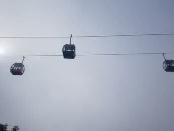 Low angle view of overhead cable car against sky