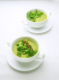 High angle view of soup in bowl on table