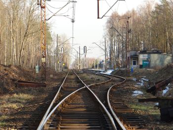 Railroad track amidst bare trees against sky