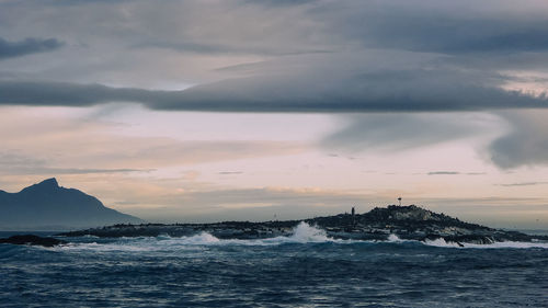 Scenic view of sea and mountains during sunset