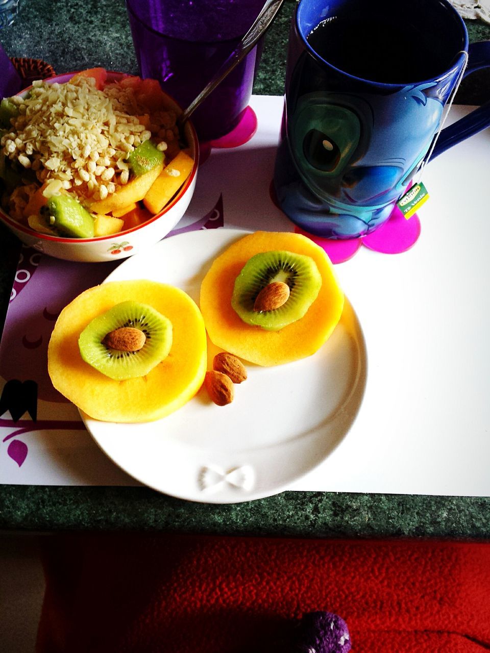 food and drink, freshness, food, indoors, table, still life, drink, healthy eating, ready-to-eat, refreshment, plate, high angle view, bowl, serving size, drinking glass, directly above, indulgence, spoon, breakfast, coffee cup