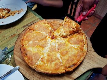 High angle view of pizza in plate on table