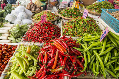 High angle view of vegetables for sale at market stall