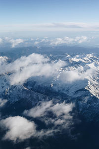 Aerial view of snowcapped mountains against sky