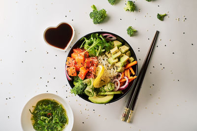 High angle view of food served on table