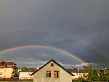 Rainbow over buildings in city against sky