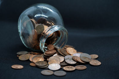 Close-up of coins on table