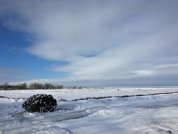 Snow covered land against sky