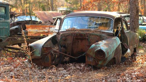 Abandoned car on field