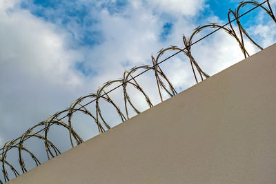 Low angle view of barbed wire against sky