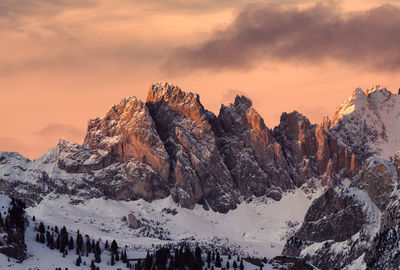 Snowcapped mountains against sky during sunset