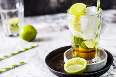 Close-up of drink served on table