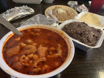 High angle view of food in bowl on table