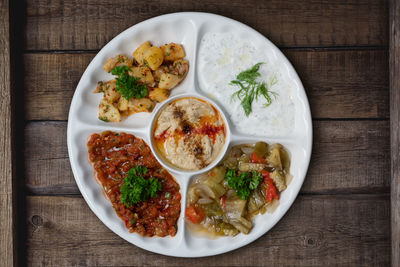 High angle view of meal served on table
