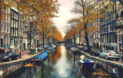 Canal amidst buildings in city during autumn
