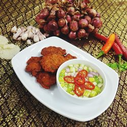 High angle view of meal served on table