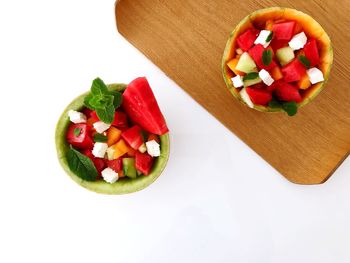 High angle view of chopped fruits on table