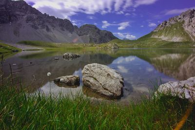 Scenic view of lake and mountains against sky