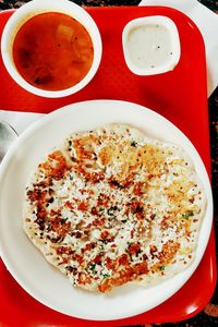 High angle view of meal served on table