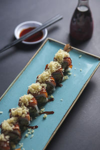 Close-up of served food on table