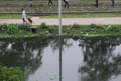 Reflection of woman walking in water