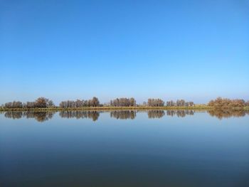 Scenic view of lake against clear blue sky