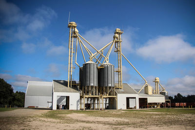 Factory on field against sky