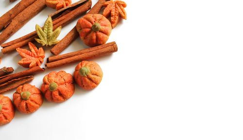 High angle view of vegetables in plate against white background
