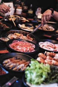 High angle view of meat in cooking pan