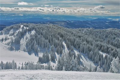 Panoramic view of snowcapped landscape against sky