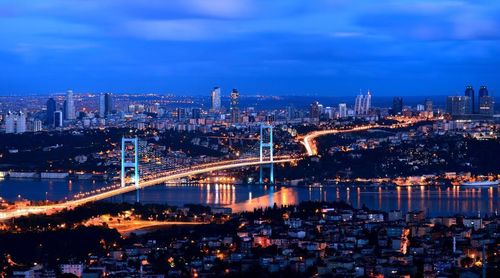 Illuminated bridge over river at night