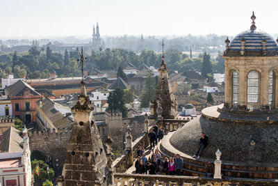 High angle view of crowd outside building. seville cathedral 