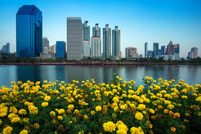 Scenic view of river by cityscape against clear sky