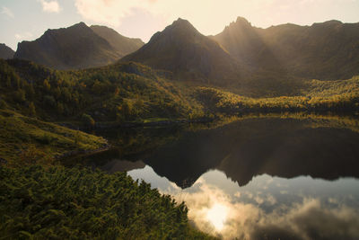 Scenic view of lake and mountains against sky