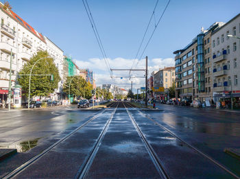 Railroad tracks amidst buildings in city against clear sky