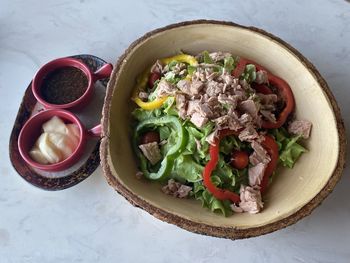 High angle view of salad in bowl on table