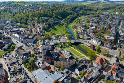 High angle view of buildings in town