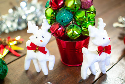 Close-up of christmas decorations on table