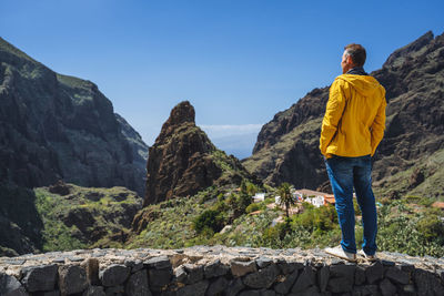 Rear view of man standing on mountain against clear sky