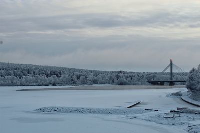 Scenic view of snow covered field against sky