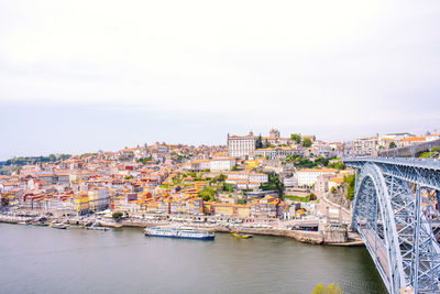 Bridge over river by buildings in city against sky