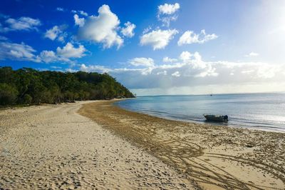 Wide shot of calm beach against blue sky