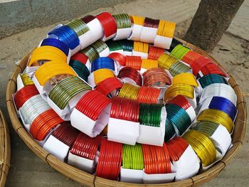 High angle view of multi colored bangles 