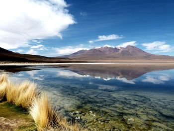 Scenic view of lake against cloudy sky