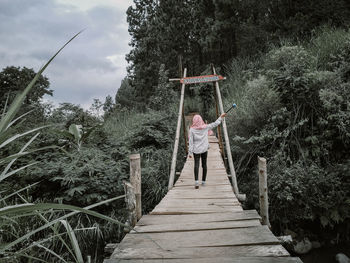 Man standing on footbridge amidst plants