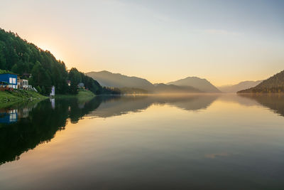 Scenic view of lake against sky during sunset