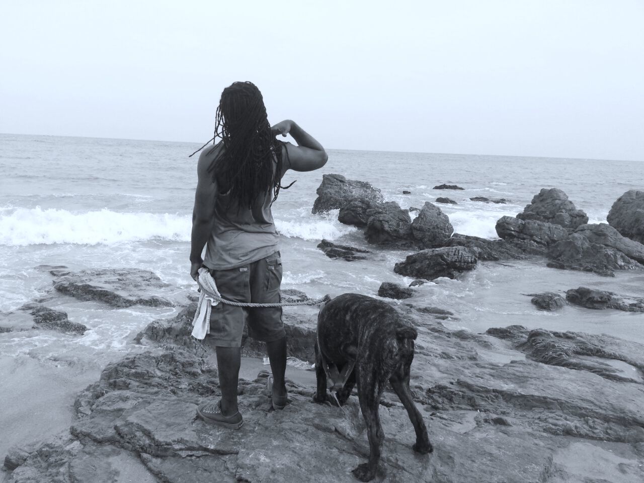 REAR VIEW OF MAN WITH DOG STANDING ON BEACH