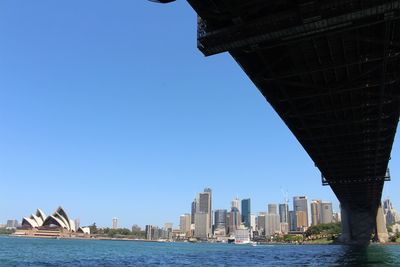 City at waterfront against blue sky