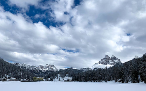 Scenic view of snowcapped mountains against sky