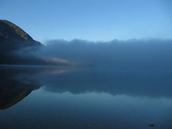 Scenic view of lake and mountains against sky